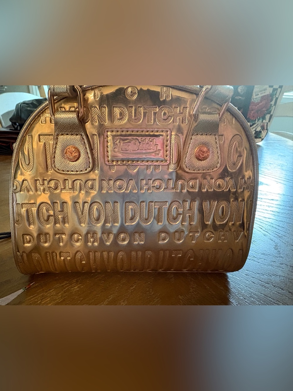 Von Dutch Metallic Gold Embossed Logo Tote